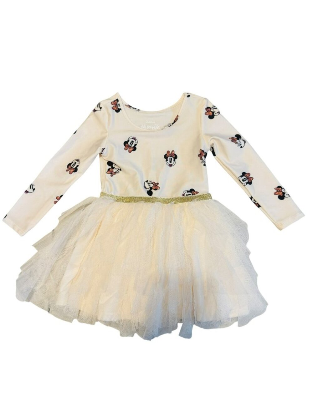 Disney Minnie Mouse Toddler Girls Dress 2T Cream Long Sleeve With Gold Glitter